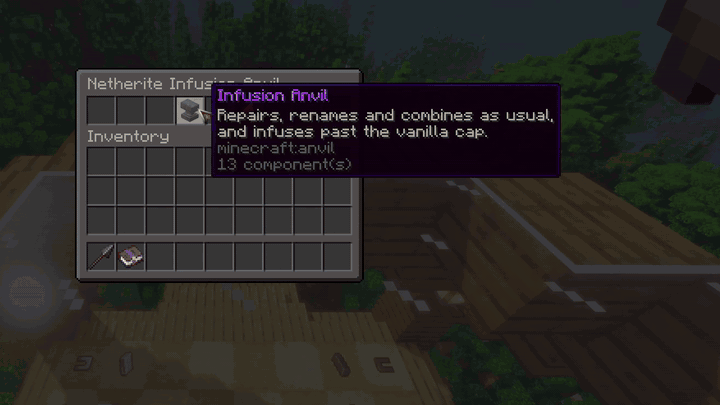 The Infusion Anvil applying Chicken Cannon I to a Netherite Spear -- the book's description and rarity, then the enchantment cost, then the finished item -- followed by the enchantment firing a chicken into the air.