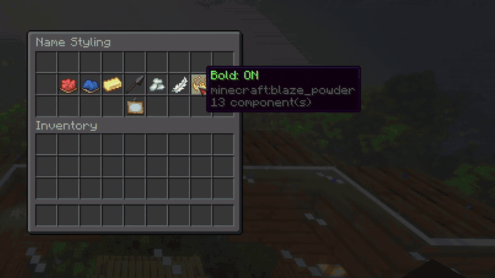 The Name Styling screen with Small Caps and the Aqua-Purple Gradient preset, then the new name being typed into chat, then the finished spear named GALAXY POKER in small caps.